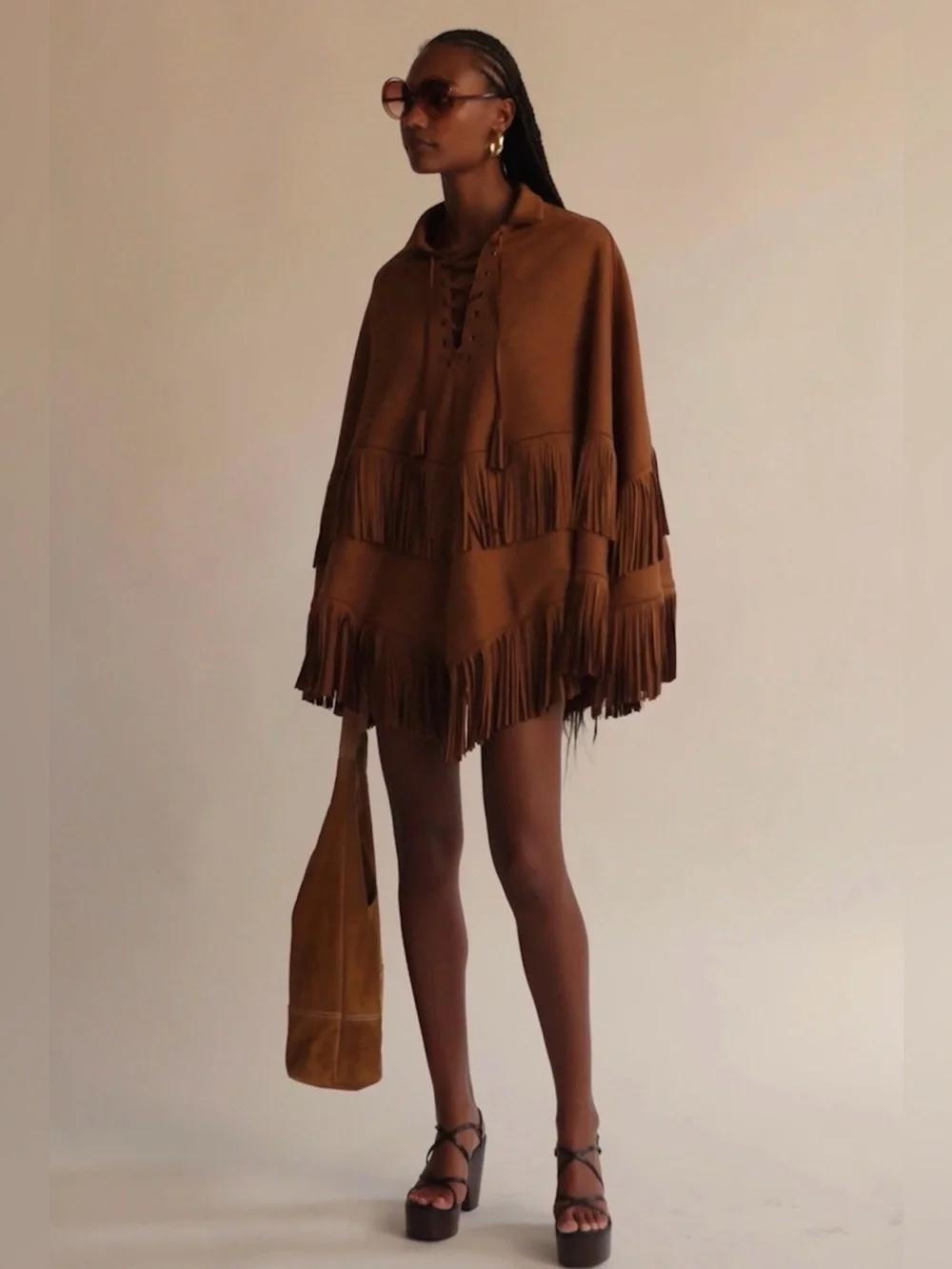 Free People Brown Suede Fringe Poncho